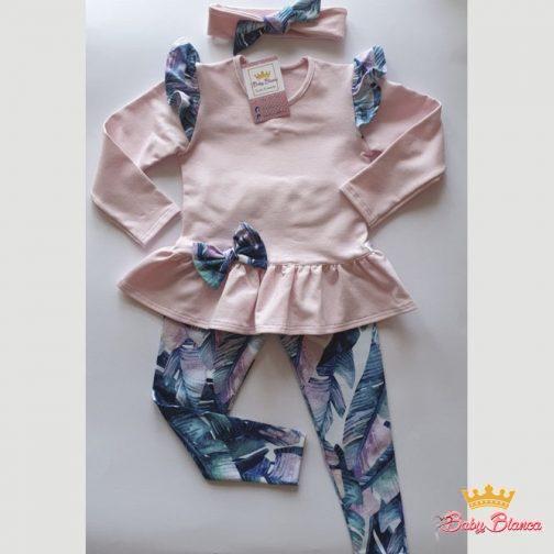 Komplecik – tunika z falbankami na ramionach oraz legginsy w pastelowe liście